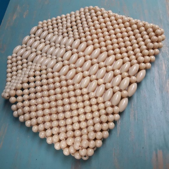 Vintage Beaded Clutch Bag Mini Zipper Closure Creamy Beige Round Oval Beads - Picture 10 of 12